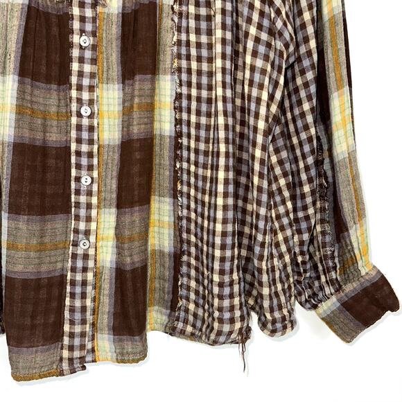 In Loom Brown Plaid Check Frayed Ruffle Relaxed Button Front Top Size Small - Picture 5 of 13